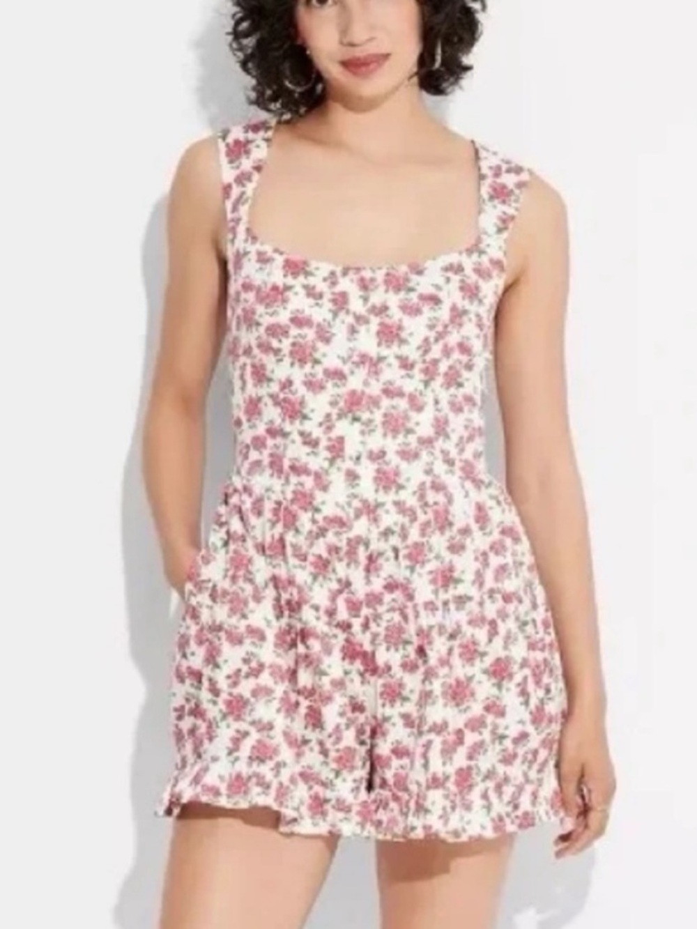 Wild Fable Button Front Floral Tiered Romper Pink Floral